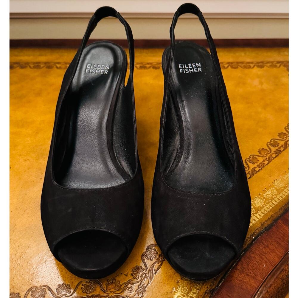 Eileen Fisher Women Black Suede Leather Wedge Peep Toe Slingbak Crescent Shoes 9